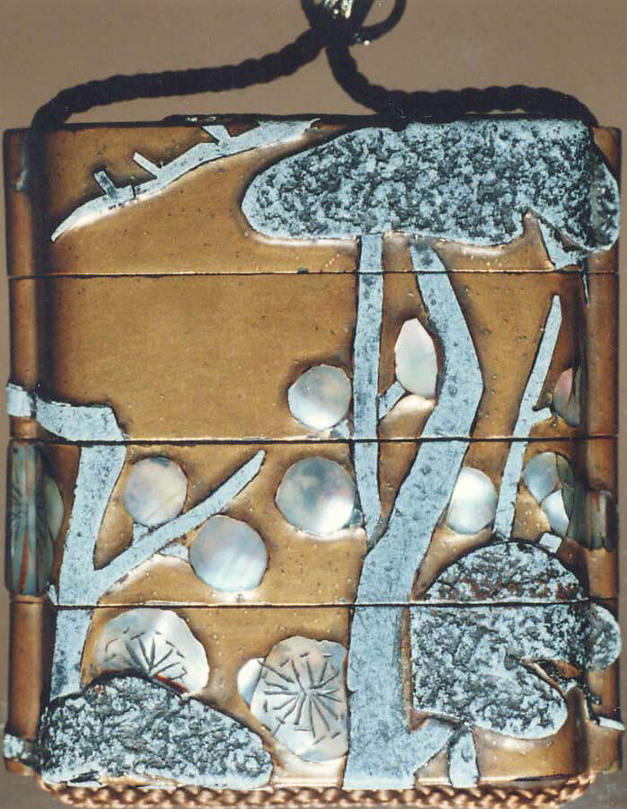 Inrō with Crane and Plum Tree, Style of Ogata Kōrin (Japanese, 1658–1716), Gold lacquer ground with mother-of-pearl and pewter inlayNetsuke: fish on wheels; carved woodOjime: vajra (thunderbolt); metal, Japan