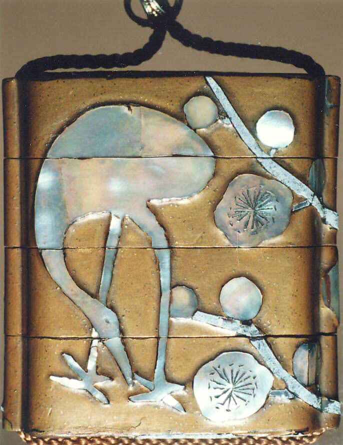 Inrō with Crane and Plum Tree, Style of Ogata Kōrin (Japanese, 1658–1716), Gold lacquer ground with mother-of-pearl and pewter inlayNetsuke: fish on wheels; carved woodOjime: vajra (thunderbolt); metal, Japan
