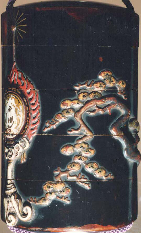 Case (Inrō) with Design of Bugaku Dance Hat on Stand beside Pine Tree (obverse); Dance Drum (reverse), Lacquer, roiro, gold, red and brown takamakie, incised, ceramic inlay; Interior: nashiji and fundame, Japan