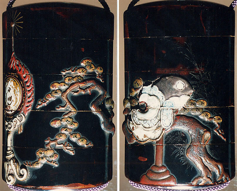 Case (Inrō) with Design of Bugaku Dance Hat on Stand beside Pine Tree (obverse); Dance Drum (reverse), Lacquer, roiro, gold, red and brown takamakie, incised, ceramic inlay; Interior: nashiji and fundame, Japan 