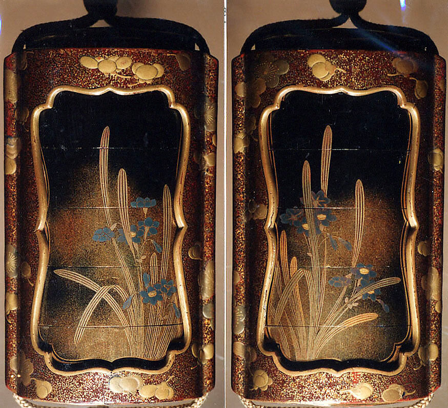 Case (Inrō) with Design of Narcissus and Saya Cover with Design of Plum, Lacquer, roiro, nashiji, gold and silver-blue togidashi, hiramakie; Interior: nashiji and fundame, Japan 