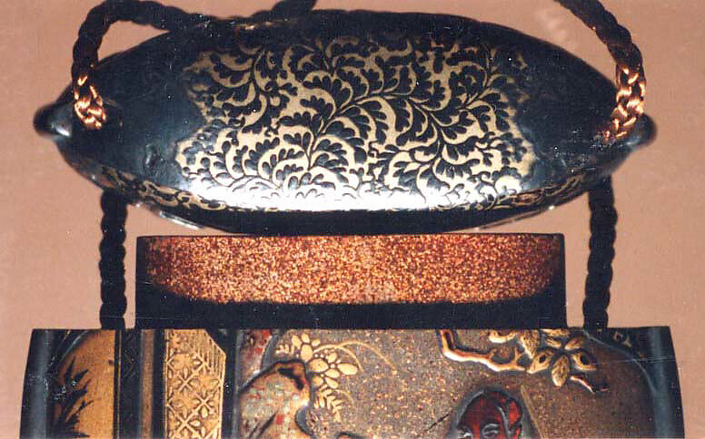 Case (Inrō) with Design of Chinese Sages on Verandah beside Rocks and Trees, Lacquer, fundame, nashiji, gold and black hiramakie, tortoiseshell, metal inlay; Interior: nashiji and fundame, upper case divided, Japan
