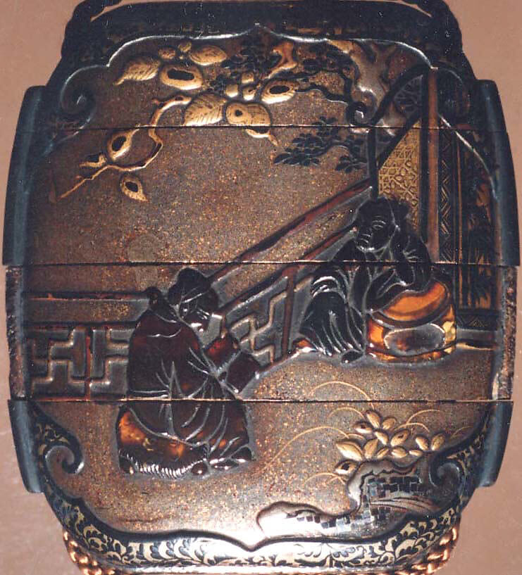 Case (Inrō) with Design of Chinese Sages on Verandah beside Rocks and Trees, Lacquer, fundame, nashiji, gold and black hiramakie, tortoiseshell, metal inlay; Interior: nashiji and fundame, upper case divided, Japan