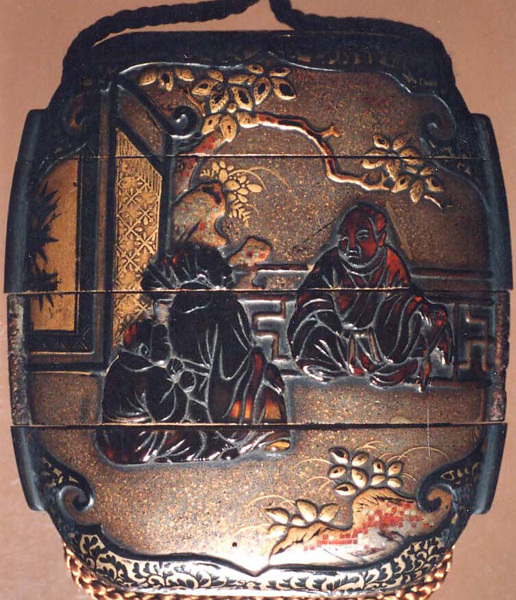 Case (Inrō) with Design of Chinese Sages on Verandah beside Rocks and Trees, Lacquer, fundame, nashiji, gold and black hiramakie, tortoiseshell, metal inlay; Interior: nashiji and fundame, upper case divided, Japan