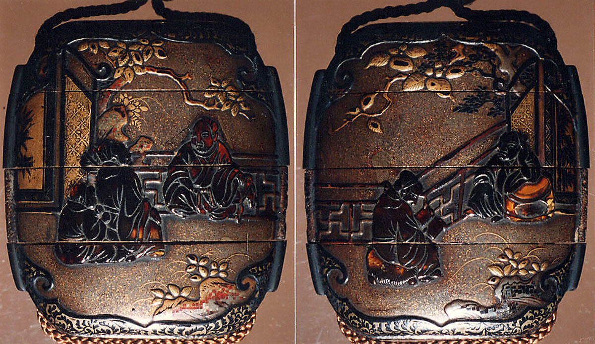 Case (Inrō) with Design of Chinese Sages on Verandah beside Rocks and Trees, Lacquer, fundame, nashiji, gold and black hiramakie, tortoiseshell, metal inlay; Interior: nashiji and fundame, upper case divided, Japan 