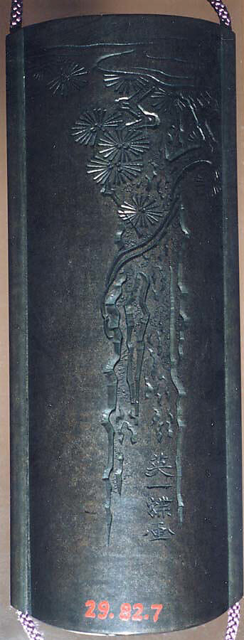 Case (Inrō) with Design of Crane Standing Beneath Pine Tree (obverse); Morning Glory and Inscription (reverse), In the Style of Hanabusa Itchō (Japanese, 1652–1724), Metal and lacquer, dark silver metal, incised, roiro, gold hiramakie, raden, aogai; Interior: fundame, four boxes, Japan