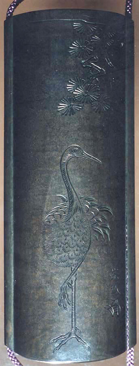 Case (Inrō) with Design of Crane Standing Beneath Pine Tree (obverse); Morning Glory and Inscription (reverse), In the Style of Hanabusa Itchō (Japanese, 1652–1724), Metal and lacquer, dark silver metal, incised, roiro, gold hiramakie, raden, aogai; Interior: fundame, four boxes, Japan