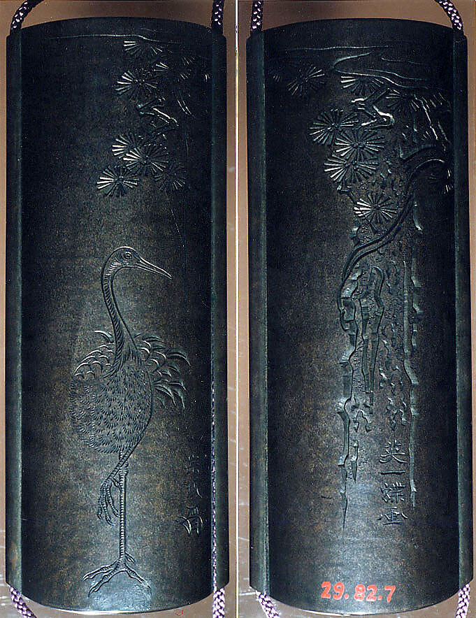 Case (Inrō) with Design of Crane Standing Beneath Pine Tree (obverse); Morning Glory and Inscription (reverse), In the Style of Hanabusa Itchō (Japanese, 1652–1724), Metal and lacquer, dark silver metal, incised, roiro, gold hiramakie, raden, aogai; Interior: fundame, four boxes, Japan 