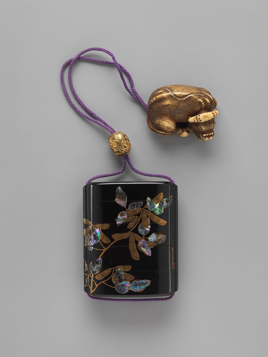 Case (Inrō) with Design of Bean Vine and Moon, Shiomi Masanari 塩見政誠 (Japanese, ca. 1646–1719), Case: gold on black lacquer with mother-of-pearl inlay; Fastener (ojime): gold with design of crabs, reed, and rock; Toggle (netsuke): ivory carved in the shape of a reclining bull (signed: Ran’ichi), Japan 