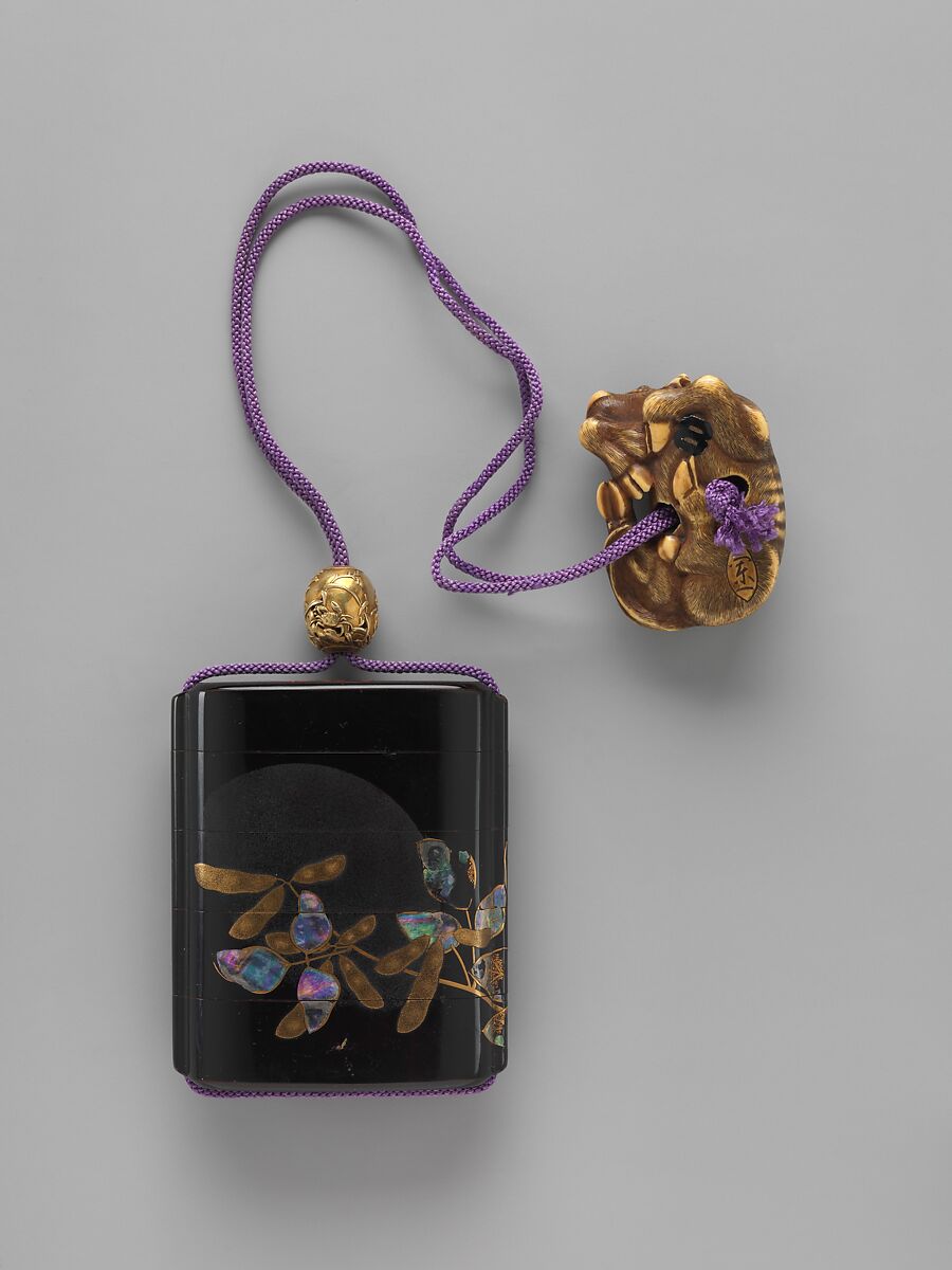Case (Inrō) with Design of Bean Vine and Moon, Shiomi Masanari 塩見政誠 (Japanese, ca. 1646–1719), Case: gold on black lacquer with mother-of-pearl inlay; Fastener (ojime): gold with design of crabs, reed, and rock; Toggle (netsuke): ivory carved in the shape of a reclining bull (signed: Ran’ichi), Japan