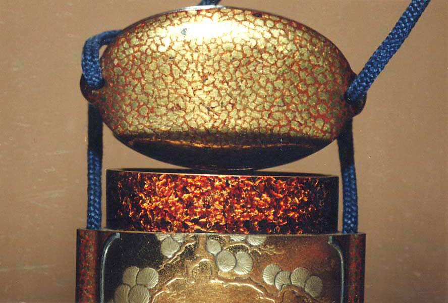 Case (Inrō) with Design of Daimyo Seated on a Platform (obverse); Warrior Reading a Scroll (reverse), Lacquer, gyobu, kinji, gold, silver and black hiramakie,  metal inlay; Interior: gyobu nashiji and fundame, Japan