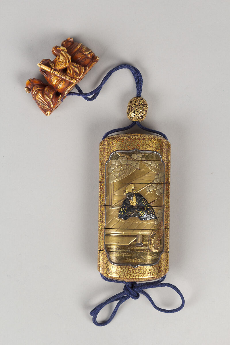 Case (Inrō) with Design of Daimyo Seated on a Platform (obverse); Warrior Reading a Scroll (reverse), Lacquer, gyobu, kinji, gold, silver and black hiramakie,  metal inlay; Interior: gyobu nashiji and fundame, Japan