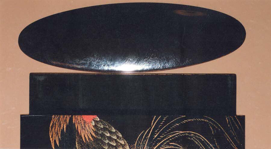 Saya Inrō with Bamboo Grove (exterior) and Rooster with Hen (interior), Koma Sadahide (Japanese, active second half of the 18th century), Sheath shape; lacquered wood with gold and silver togidashimaki-e on black lacquer ground Netsuke: sage lashing his back with a fly whisk; wood with coral and ivory inlay Ojime: bronze bead with metal inlay of flowers, Japan