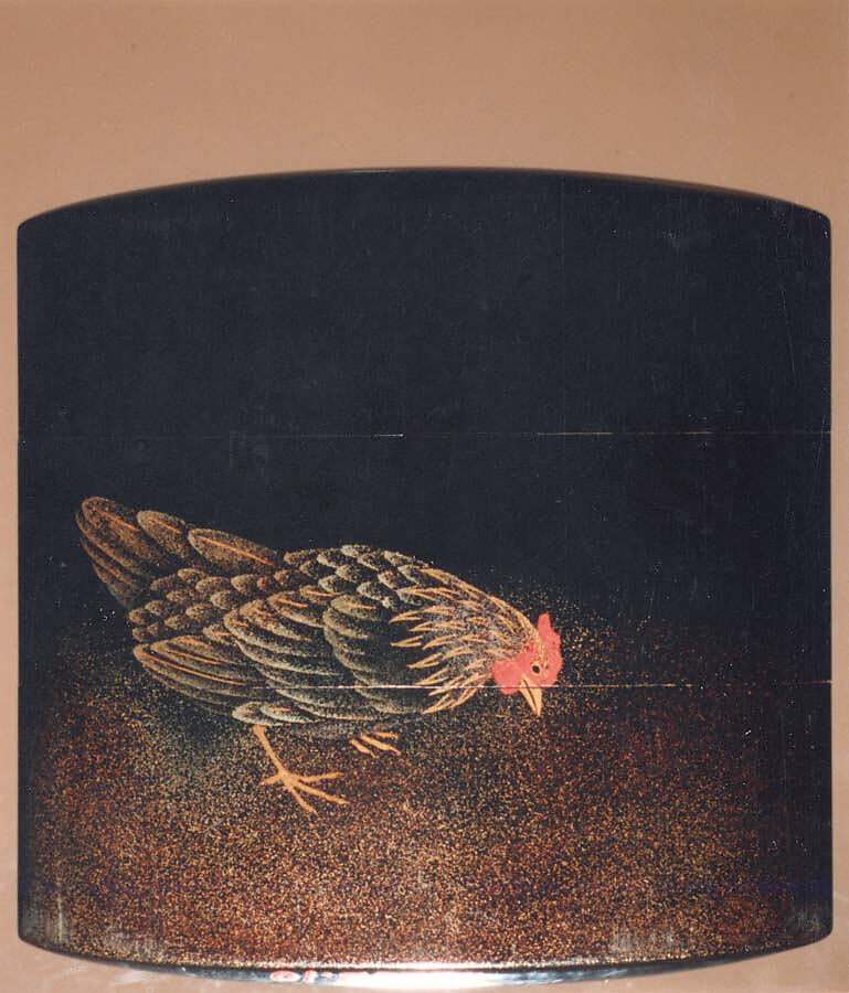 Saya Inrō with Bamboo Grove (exterior) and Rooster with Hen (interior), Koma Sadahide (Japanese, active second half of the 18th century), Sheath shape; lacquered wood with gold and silver togidashimaki-e on black lacquer ground Netsuke: sage lashing his back with a fly whisk; wood with coral and ivory inlay Ojime: bronze bead with metal inlay of flowers, Japan