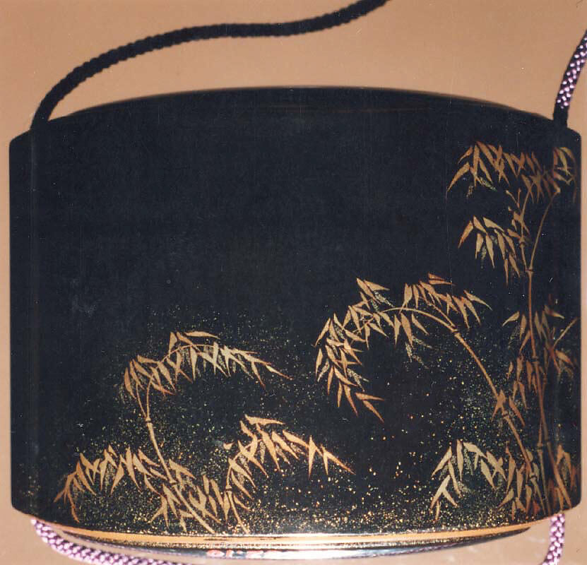 Saya Inrō with Bamboo Grove (exterior) and Rooster with Hen (interior), Koma Sadahide (Japanese, active second half of the 18th century), Sheath shape; lacquered wood with gold and silver togidashimaki-e on black lacquer ground Netsuke: sage lashing his back with a fly whisk; wood with coral and ivory inlay Ojime: bronze bead with metal inlay of flowers, Japan