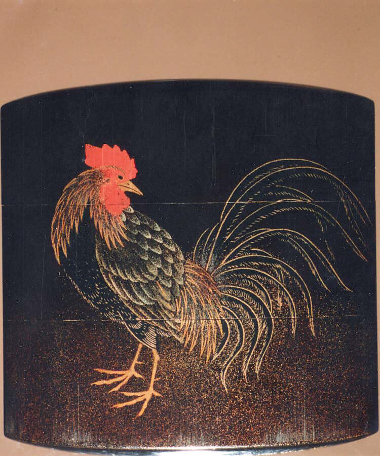 Saya Inrō with Bamboo Grove (exterior) and Rooster with Hen (interior), Koma Sadahide (Japanese, active second half of the 18th century), Sheath shape; lacquered wood with gold and silver togidashimaki-e on black lacquer ground Netsuke: sage lashing his back with a fly whisk; wood with coral and ivory inlay Ojime: bronze bead with metal inlay of flowers, Japan