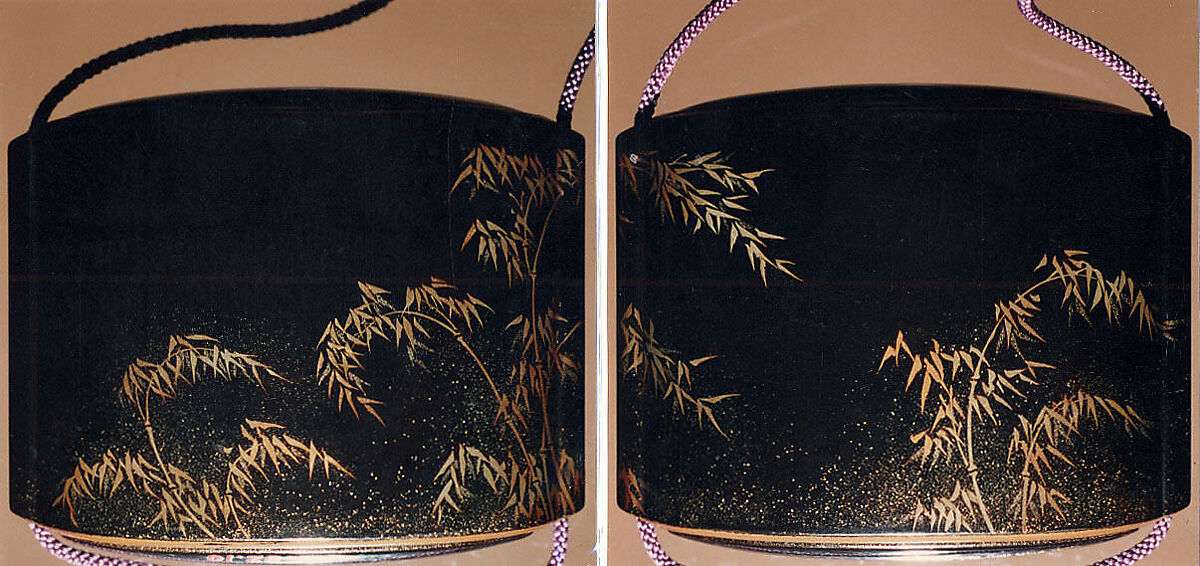 Saya Inrō with Bamboo Grove (exterior) and Rooster with Hen (interior), Koma Sadahide (Japanese, active second half of the 18th century), Sheath shape; lacquered wood with gold and silver togidashimaki-e on black lacquer ground Netsuke: sage lashing his back with a fly whisk; wood with coral and ivory inlay Ojime: bronze bead with metal inlay of flowers, Japan 