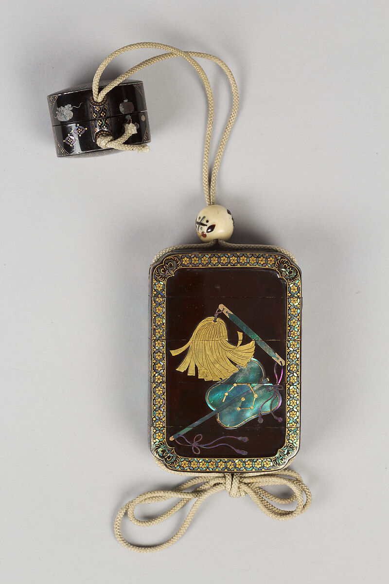 Case (Inrō) with Design of Commander's Baton and Other Military Objects, Lacquer, roiro, gold foil, aogai inlay; Interior: nashiji and fundame, Japan