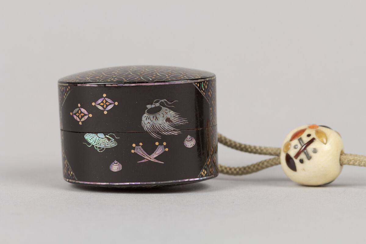 Case (Inrō) with Design of Commander's Baton and Other Military Objects, Lacquer, roiro, gold foil, aogai inlay; Interior: nashiji and fundame, Japan