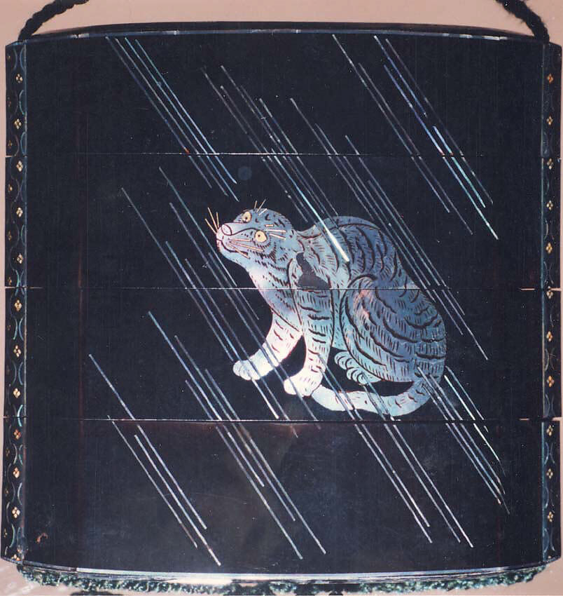 Case (Inrō) with Design of Seated Tiger in Rain (obverse); Bamboo with Inscription (reverse), Sō Shiseki (Japanese, 1715–1786), Lacquer, roiro, gold foil, aogai inlay; Interior: roiro, Japan