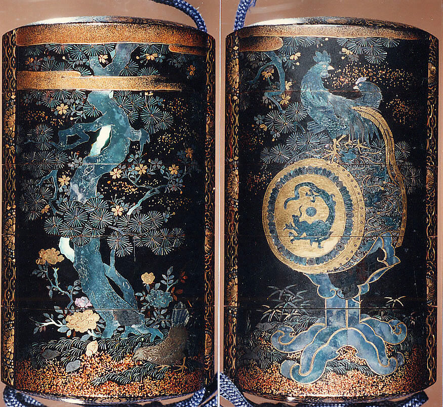 Case (Inrō) with Design of Pine and Cherry Tree (obverse); Rooster and Hen on a Drum (reverse), Black lacquer inlaid with gold foil and mother-of-pearl, Japan