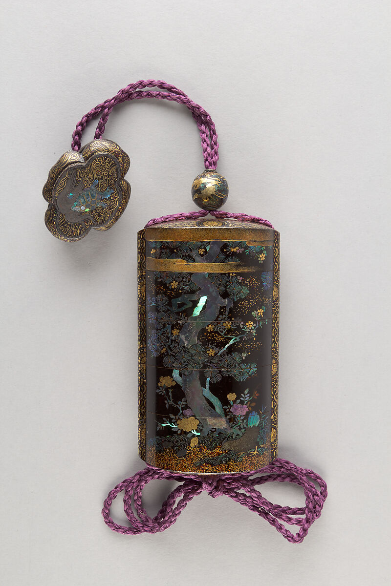 Case (Inrō) with Design of Pine and Cherry Tree (obverse); Rooster and Hen on a Drum (reverse), Black lacquer inlaid with gold foil and mother-of-pearl, Japan