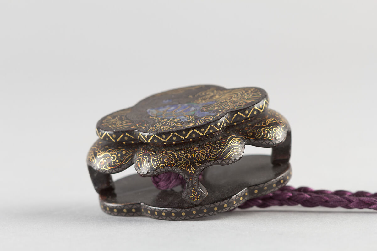 Case (Inrō) with Design of Pine and Cherry Tree (obverse); Rooster and Hen on a Drum (reverse), Black lacquer inlaid with gold foil and mother-of-pearl, Japan