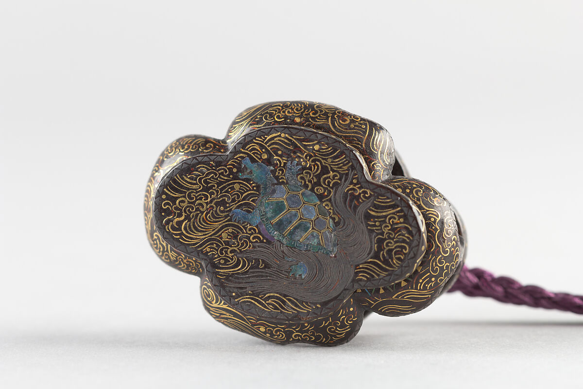 Case (Inrō) with Design of Pine and Cherry Tree (obverse); Rooster and Hen on a Drum (reverse), Black lacquer inlaid with gold foil and mother-of-pearl, Japan