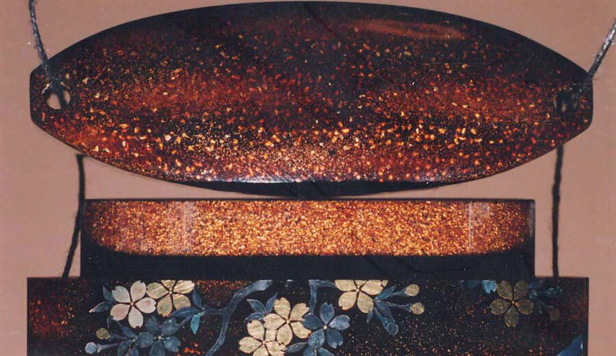 Case (Inrō) with Design of Two Horses Beneath Flowering Cherry Tree, Lacquer, roiro, nashiji, aogai, gold foil; Interior: nashiji and fundame, Japan