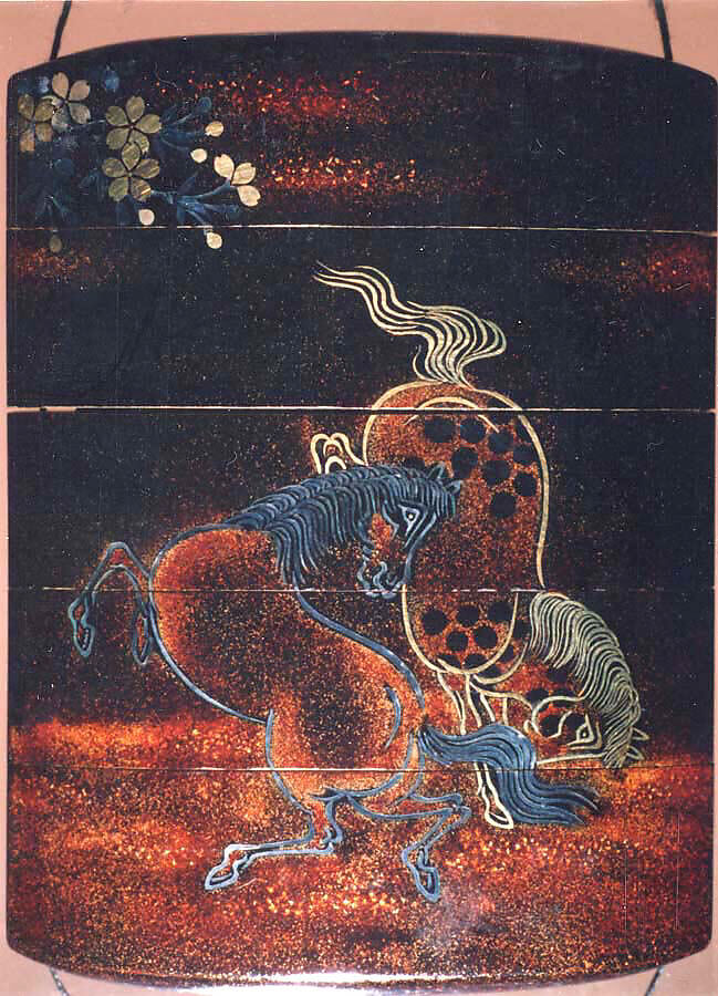 Case (Inrō) with Design of Two Horses Beneath Flowering Cherry Tree, Lacquer, roiro, nashiji, aogai, gold foil; Interior: nashiji and fundame, Japan