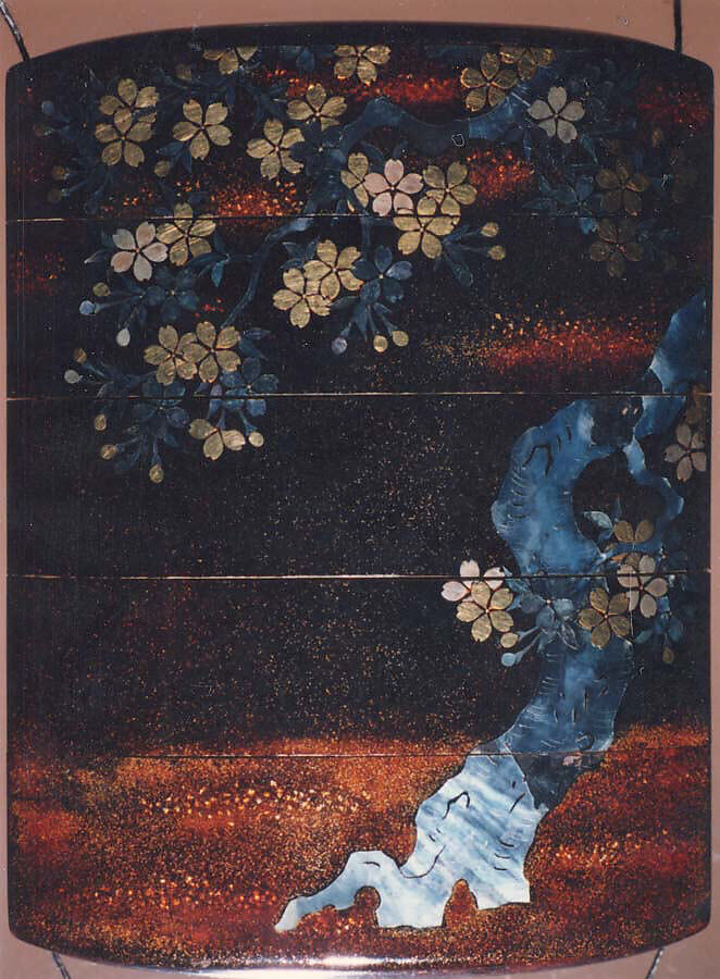 Case (Inrō) with Design of Two Horses Beneath Flowering Cherry Tree, Lacquer, roiro, nashiji, aogai, gold foil; Interior: nashiji and fundame, Japan