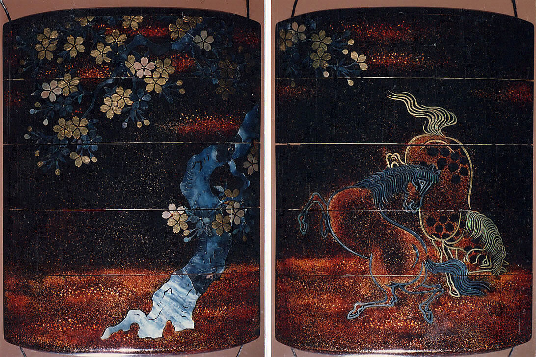 Case (Inrō) with Design of Two Horses Beneath Flowering Cherry Tree, Lacquer, roiro, nashiji, aogai, gold foil; Interior: nashiji and fundame, Japan 