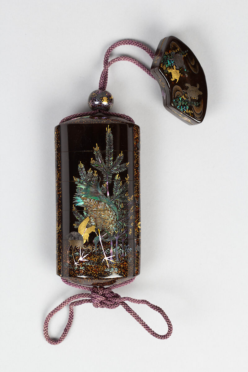 Case (Inrō) with Design of Cranes and Pines with Takaramono (Mythical Treasure), Lacquer, roiro, nashiji, gold foil, hiramakie, aogai inlay; Interior: nashiji and fundame, Japan 