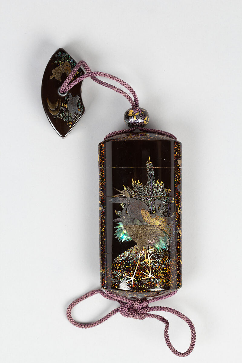 Case (Inrō) with Design of Cranes and Pines with Takaramono (Mythical Treasure), Lacquer, roiro, nashiji, gold foil, hiramakie, aogai inlay; Interior: nashiji and fundame, Japan