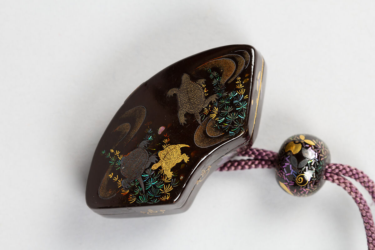 Case (Inrō) with Design of Cranes and Pines with Takaramono (Mythical Treasure), Lacquer, roiro, nashiji, gold foil, hiramakie, aogai inlay; Interior: nashiji and fundame, Japan