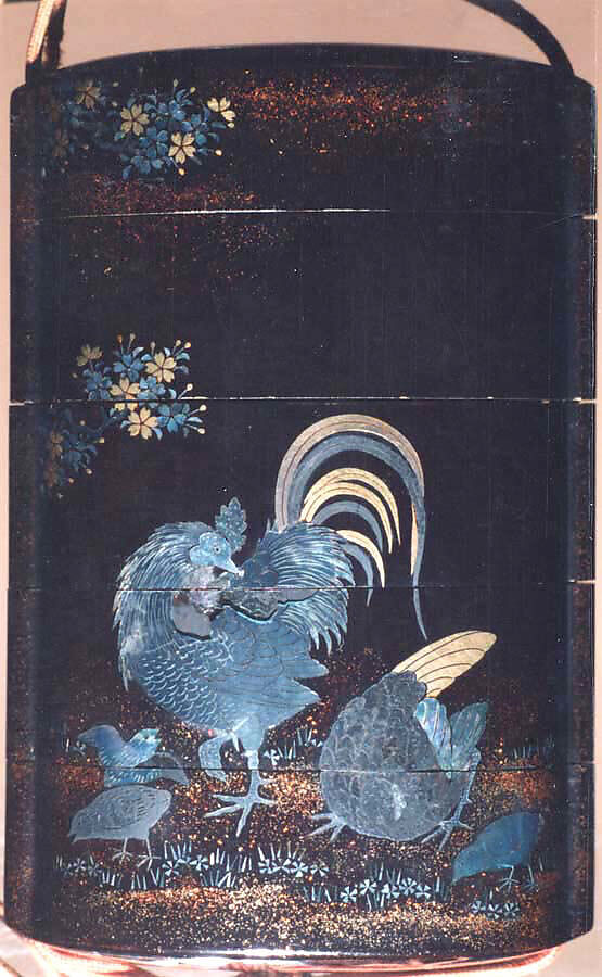Case (Inrō) with Design of Rooster and Chickens Beneath Flowering Cherry Tree, Lacquer, roiro, nashiji, gold foil, aogai inlay; Interior: nashiji and fundame, Japan