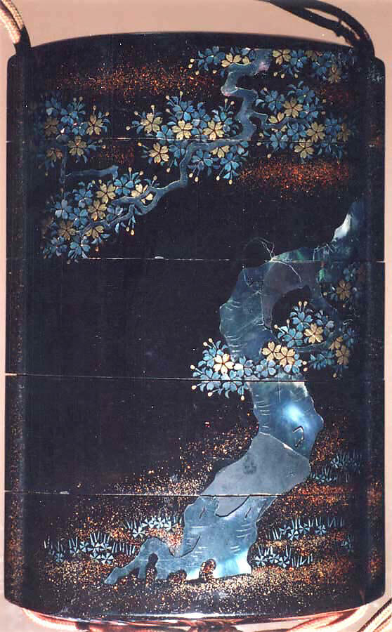 Case (Inrō) with Design of Rooster and Chickens Beneath Flowering Cherry Tree, Lacquer, roiro, nashiji, gold foil, aogai inlay; Interior: nashiji and fundame, Japan