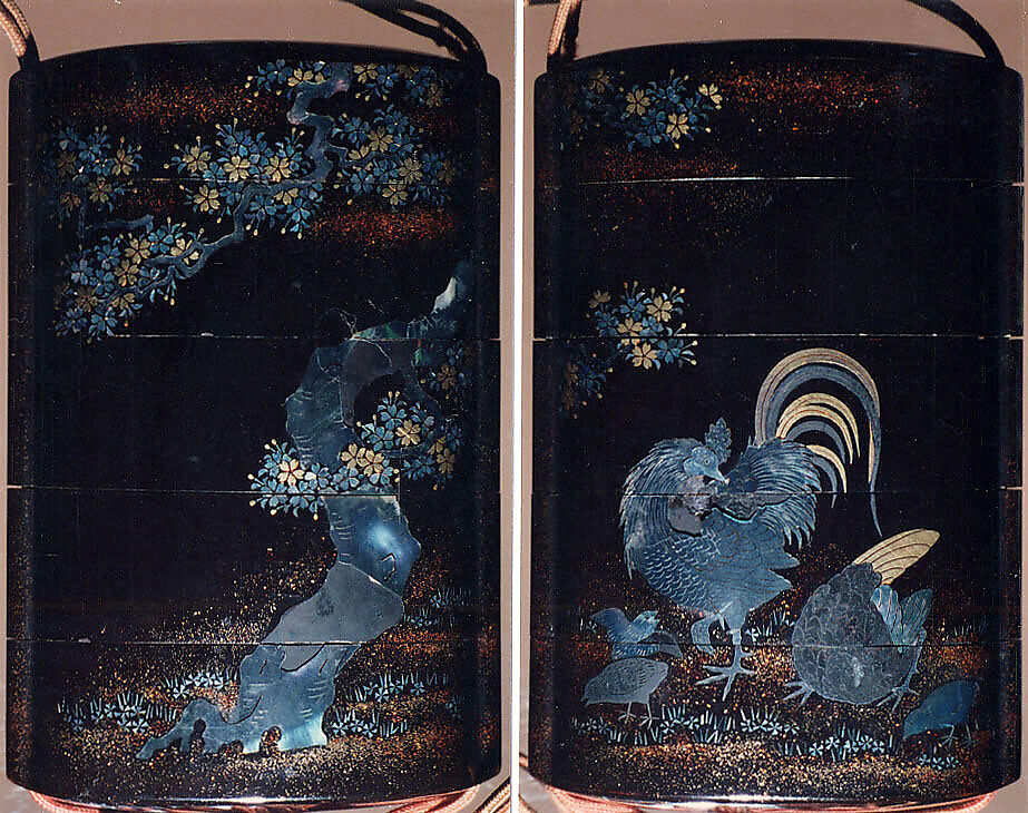 Case (Inrō) with Design of Rooster and Chickens Beneath Flowering Cherry Tree, Lacquer, roiro, nashiji, gold foil, aogai inlay; Interior: nashiji and fundame, Japan 