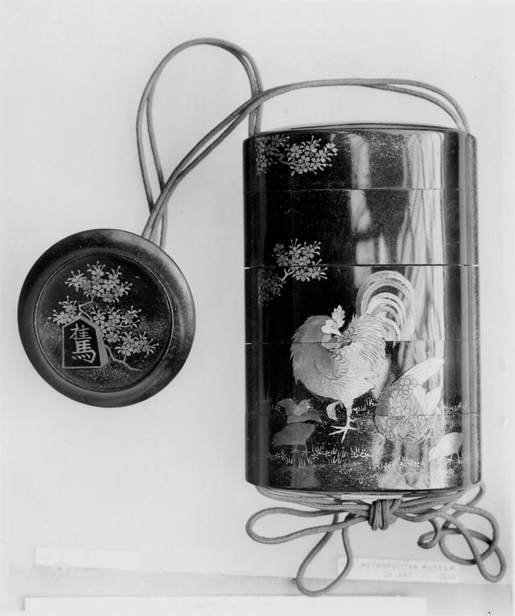 Case (Inrō) with Design of Rooster and Chickens Beneath Flowering Cherry Tree, Lacquer, roiro, nashiji, gold foil, aogai inlay; Interior: nashiji and fundame, Japan