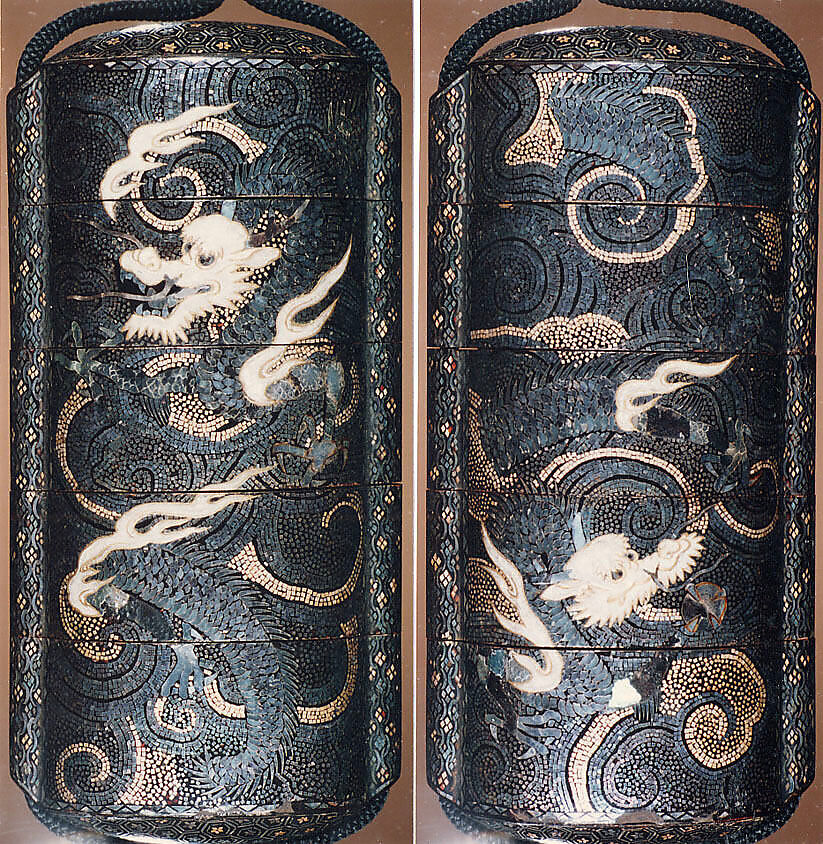 Case (Inrō) with Two Four-Clawed Dragons among Swirling Clouds, Lacquer, roiro, aogai and gold foil kirigane, white lacquer, inlaid eyes; Interior: nashiji and fundame, Japan