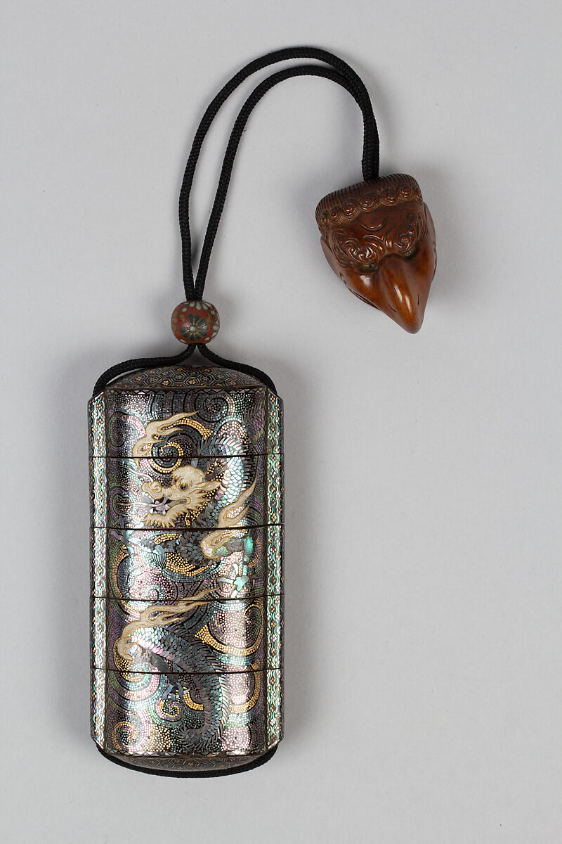 Case (Inrō) with Two Four-Clawed Dragons among Swirling Clouds, Lacquer, roiro, aogai and gold foil kirigane, white lacquer, inlaid eyes; Interior: nashiji and fundame, Japan 
