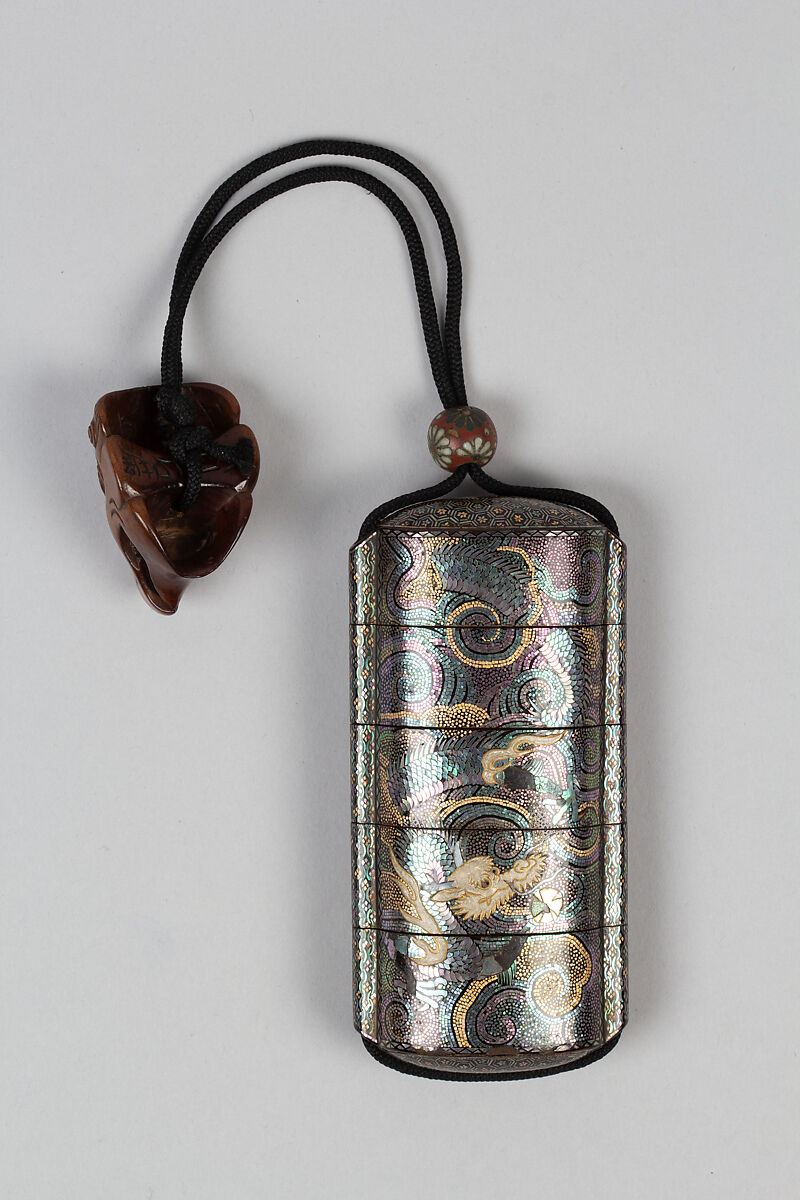 Case (Inrō) with Two Four-Clawed Dragons among Swirling Clouds, Lacquer, roiro, aogai and gold foil kirigane, white lacquer, inlaid eyes; Interior: nashiji and fundame, Japan