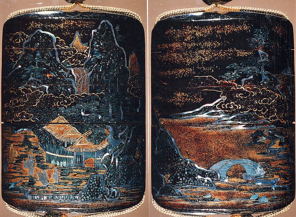 Case (Inrō) with Chinese-Style Landscape, Lacquer, roiro, nashiji, gold foil, aogai inlay; Interior: nashiji and fundame, Japan