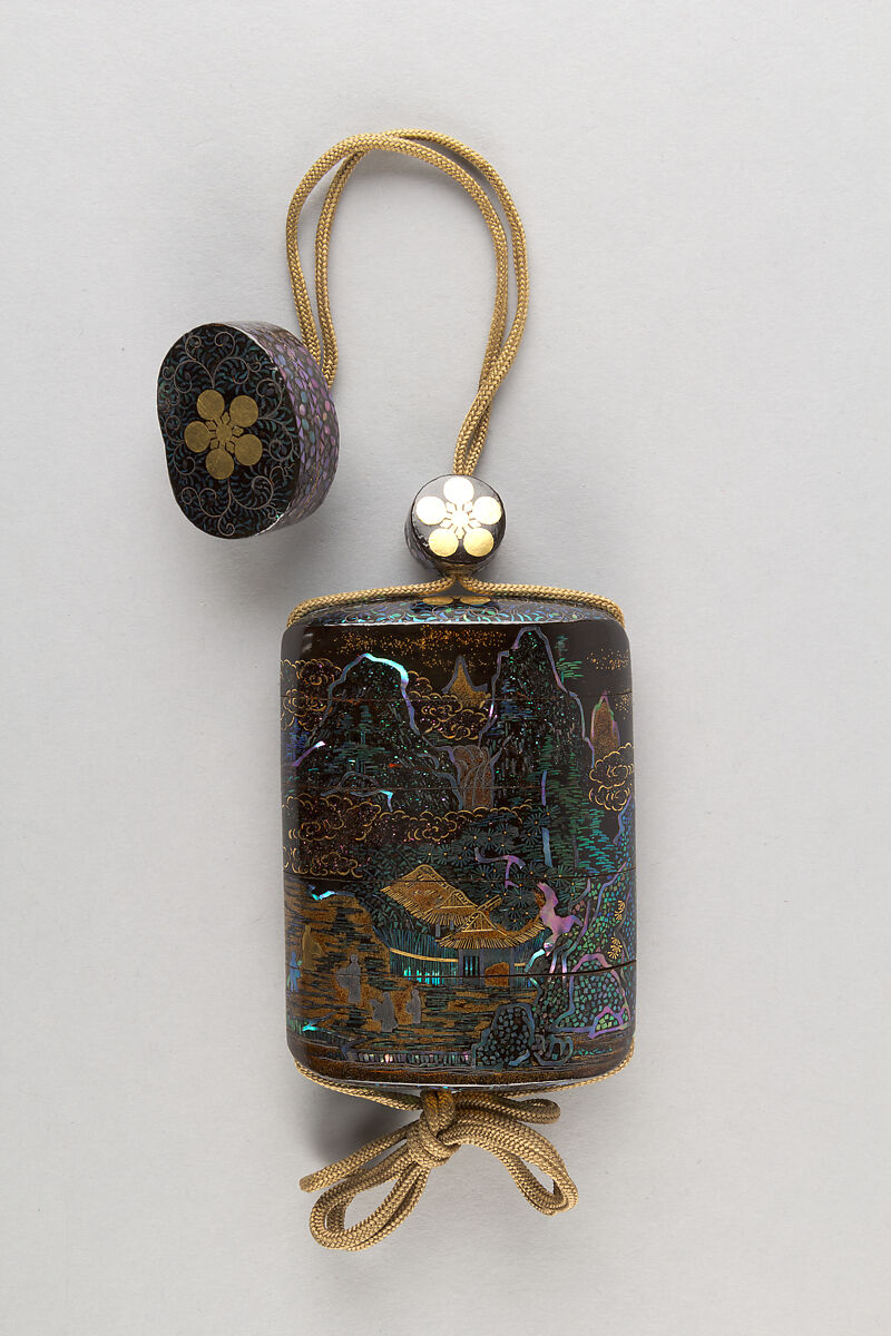 Case (Inrō) with Chinese-Style Landscape, Lacquer, roiro, nashiji, gold foil, aogai inlay; Interior: nashiji and fundame, Japan