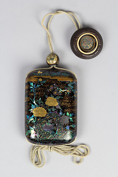 Case (Inrō) with Design of Peony and Cherry Tree (obverse); Peacock (reverse), Aogai shell and gold foil inlay on black lacquer, Japan 