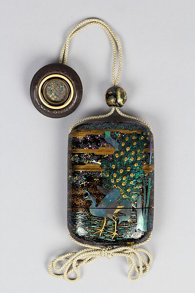 Case (Inrō) with Design of Peony and Cherry Tree (obverse); Peacock (reverse), Aogai shell and gold foil inlay on black lacquer, Japan