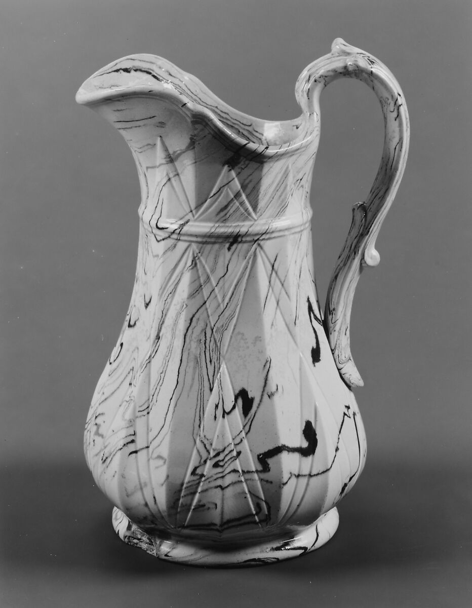 Pitcher, United States Pottery Company (1852–58), Mottled brown earthenware, American