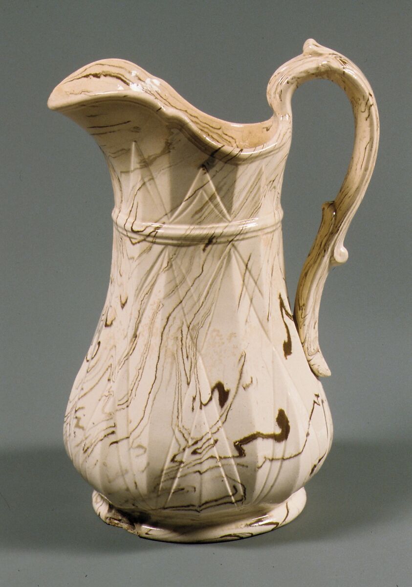 Pitcher, United States Pottery Company (1852–58), Mottled brown earthenware, American 