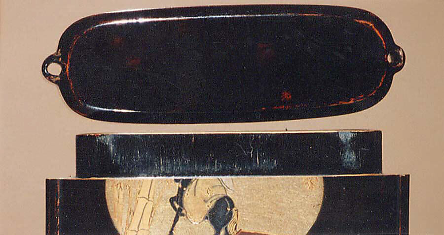 Inrō with Ema (Shinto Shrine Votive Plaque) of Eight Fan Shapes and Framed Pictures, Four cases; lacquered wood with gold and silver togidashimaki-e, hiramaki-e, black lacquer, cut-out gold foil application on black groundNetsuke: puppy; ivoryOjime: metal with plum blossoms in gold inlay, Japan