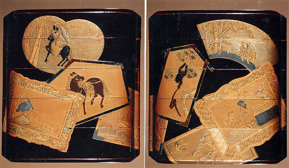 Inrō with Ema (Shinto Shrine Votive Plaque) of Eight Fan Shapes and Framed Pictures, Four cases; lacquered wood with gold and silver togidashimaki-e, hiramaki-e, black lacquer, cut-out gold foil application on black groundNetsuke: puppy; ivoryOjime: metal with plum blossoms in gold inlay, Japan